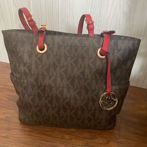 Michael Kors Brown MK Logo Tote with Red Leather Accents